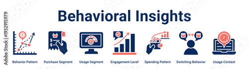 Behavioral Insights web banner icon vector illustration concept for business with icon of Behavior Pattern, Purchase Segment, Usage Segment, Engagement Level, Spending Pattern, Switching Behavior.
