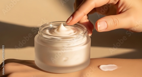Jar of cosmetic cream with hand applying product on skin