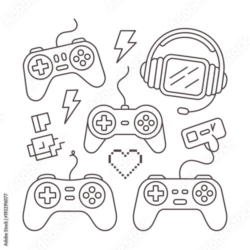 Video Games Controller Doodle Set with Gaming Culture Elements