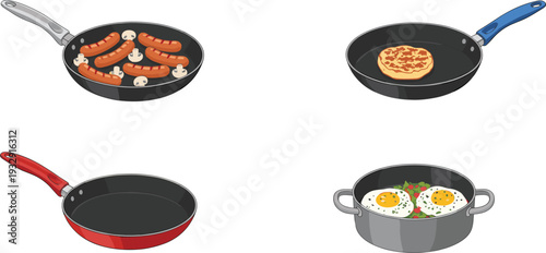 Frying Pan and Cooking Pot Icon Set with Sausages, Pancake, and Fried Eggs for Kitchen, Breakfast, and Culinary Design