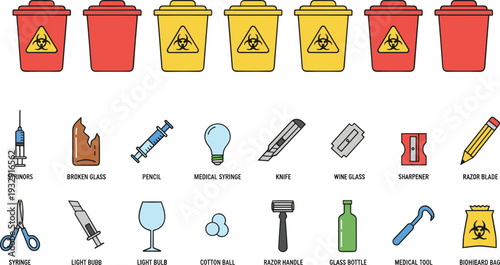Biohazard Waste Bin and Sharp Object Disposal Icon Set with Syringe, Razor Blade, Broken Glass, and Medical Safety Symbols