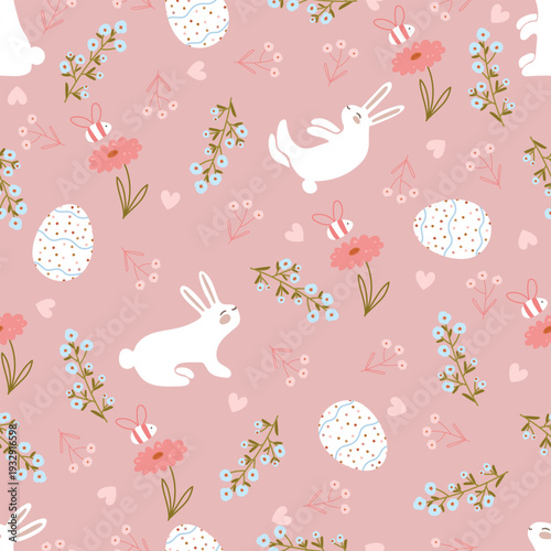 Cute hand drawn Easter pattern with white bunny, hearts, flowers on pink background. Vector illustration with animals and flowers for Easter.