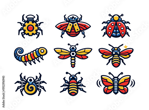 Two-Color vector icons of mechanical insects: gear beetle outline, screw-head thorax, rivet dot, segmented leg line, plate wing