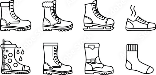 Winter boots and footwear icon set with hiking ice skate rain boot and sock line art vector illustration collection