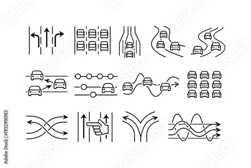 Line style vector icons of highway traffic patterns: lane arrows, dense car flow, bottleneck zone, smooth flow wave, overtaking