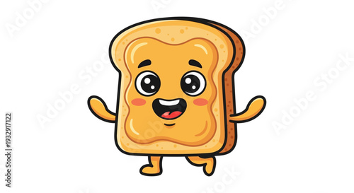 A smiling slice of toast character happily dancing with a joyful expression on a plain background from a front viewpoint
