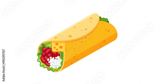 A vibrant illustration of a burrito cut in half, showcasing its colorful filling, from a slightly angled viewpoint.