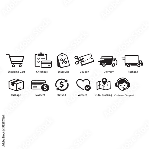Flat E-Commerce Icon Set – Shopping, Payment, Delivery, and Support Vector Icons