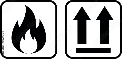Safety symbols indicating flammable materials and handling with care