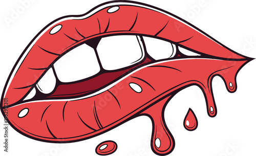 female lips with dripping red lip gloss and white teeth on an isolated background. Close up of glossy red lips with a drop of red liquid dripping from the lower lip against a white background.