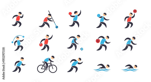 Collection of athletes performing various sports actions depicted in simple illustrations