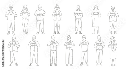 A diverse group of people stands together while making heart signs