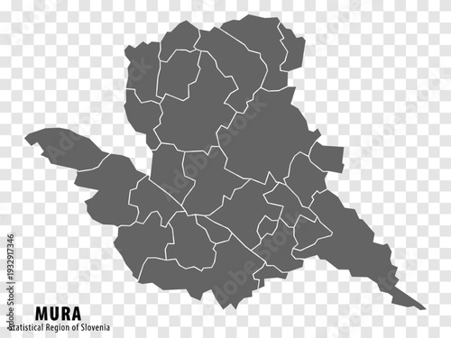 Blank map of Mura Statistical Region. High quality map Mura with municipalities on transparent background for your web site design, logo, app, UI. Slovenia. EPS10.