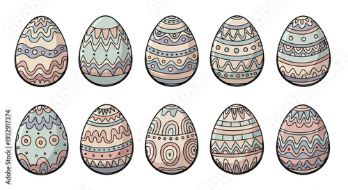 Collection of ornate Easter eggs with intricate designs and patterns displayed in a grid arrangement on a clean background from a straightforward viewpoint