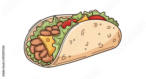 A cartoon taco filled with meat, lettuce, and vegetables, viewed from the side on a plain background