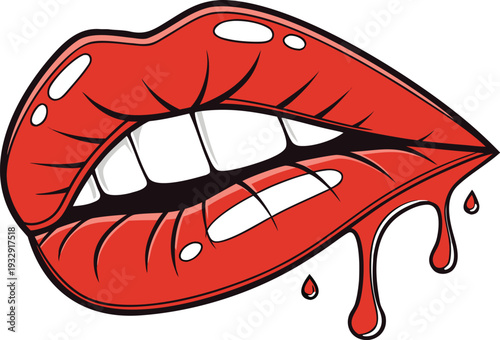 female lips with dripping red lip gloss and white teeth on an isolated background. Close up of glossy red lips with a drop of red liquid dripping from the lower lip against a white background.