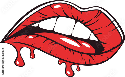 female lips with dripping red lip gloss and white teeth on an isolated background. Close up of glossy red lips with a drop of red liquid dripping from the lower lip against a white background.