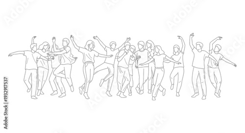 Group of diverse young people dancing together in a lively outdoor celebration, viewed from the front.