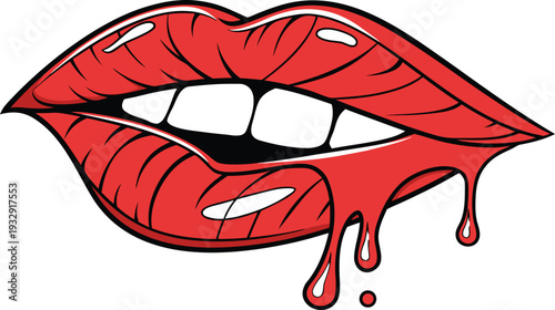 female lips with dripping red lip gloss and white teeth on an isolated background. Close up of glossy red lips with a drop of red liquid dripping from the lower lip against a white background.