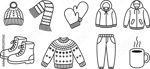 Winter clothing icon set with hat scarf mittens jacket boots sweater pants and hot drink line art vector collectionWinter clothing icon set with hat scarf mittens jacket boots sweater pants 