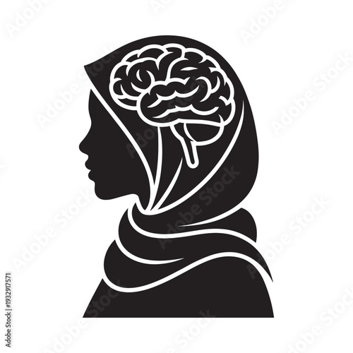 Silhouette of a woman in hijab with a brain inside her head