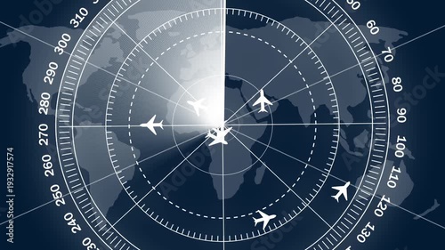 air traffic control tower equipped with radar Hud animation, Aircraft signal and guidance radar. Map of International Air Travel Aircraft signal and guidance radar. 