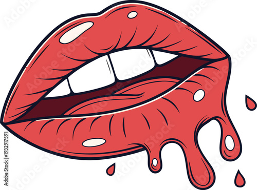 female lips with dripping red lip gloss and white teeth on an isolated background. Close up of glossy red lips with a drop of red liquid dripping from the lower lip against a white background.