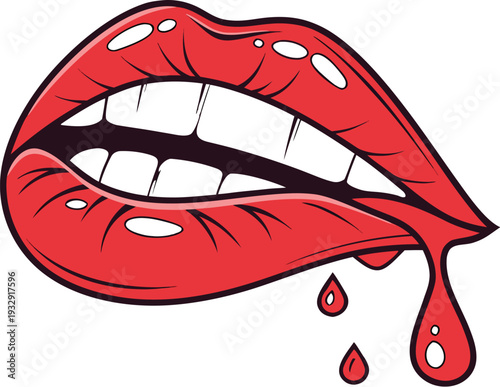 female lips with dripping red lip gloss and white teeth on an isolated background. Close up of glossy red lips with a drop of red liquid dripping from the lower lip against a white background.