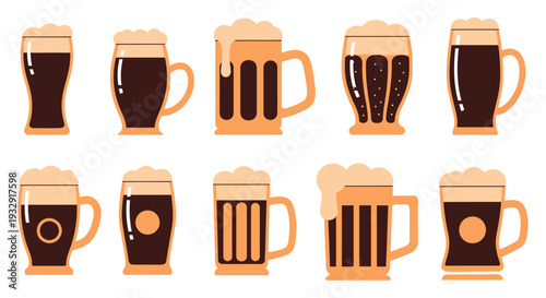 Assorted beer mugs and glasses filled with dark and light beverages displayed from various viewpoints