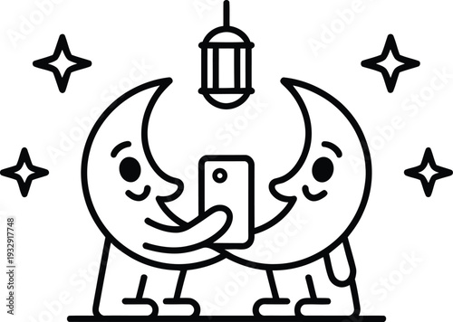 Crescent moon characters taking a selfie photo  smiling and happy