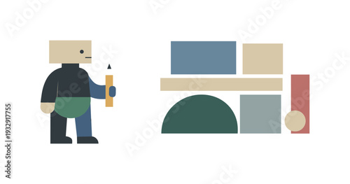 Calm abstract geometric figure stands beside final cohesive arrangement of previously scattered shapes in wide empty space,