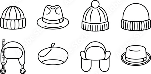 Winter hat icon set with beanie fedora beret ushanka and earflap cap line art vector illustration collection