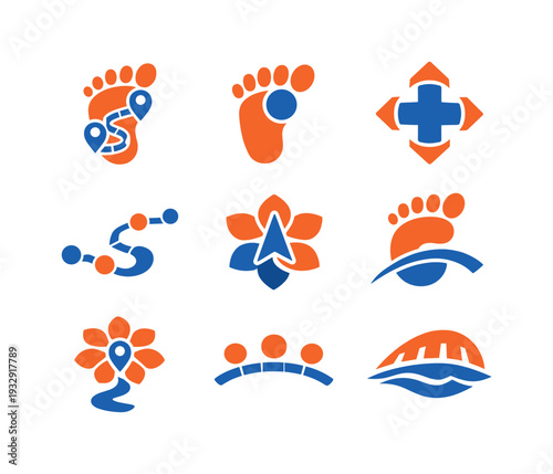Two-Color vector icons of exploratory trail symbols: route-mark footprint, waypoint toe dot, navigational pad arc, guided flower