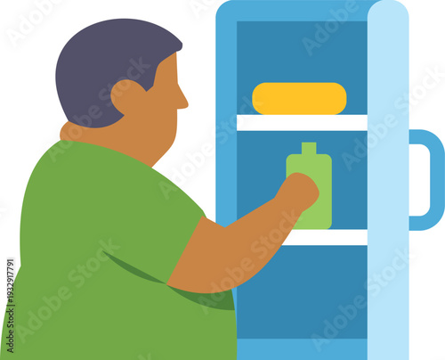 Obese man reaching for food from an open refrigerator, symbolizing an unhealthy lifestyle