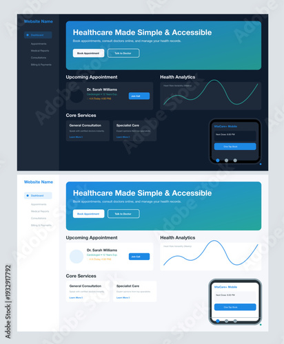 "A sophisticated and clean digital healthcare dashboard presented in both dark and light themes. The visual mood is professional, trustworthy, and technologically advanced, utilizing a soothing blue 