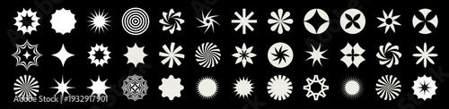 Star-shaped sticker set. Minimal flower sale badge icons. Abstract white burst Y2K aesthetic elements. Geometric brutalist design. Vector bold shapes in retro graphic style. Bold minimalist graphic bg