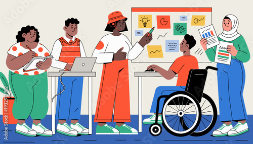 A diverse group of five professionals, including a man in a wheelchair, collaboratively working on a project with sticky notes and charts on a whiteboard during a productive team meeting.
