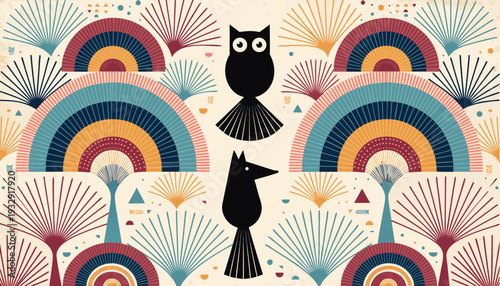 Abstract art featuring symmetrical patterns of black owl and fox silhouettes amidst colorful geometric arches and sunbursts, creating a whimsical and decorative design.