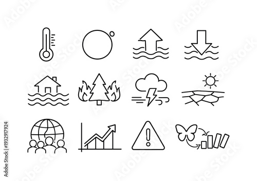 Climate Change Icons. Line style vector icons of climate change process: temperature, degree, rise, fall; flood, wildfire, storm,