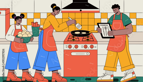 A cheerful family of three, including two women and a man, happily cooking together in a kitchen, preparing food and following a cookbook, illustrating domestic life and culinary activity.