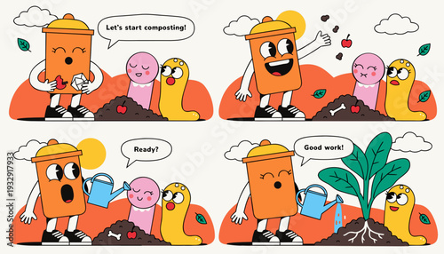 A sequential four-panel illustration detailing the joyful process of composting, from adding organic waste to nurturing a flourishing plant, explaining environmental sustainability.