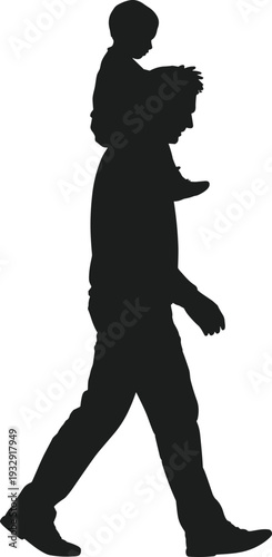 Dad carrying child on shoulders silhouette walking vector father