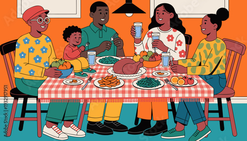 A happy and diverse multi-generational family, including parents, children, and grandparents, enjoying a festive dinner together around a table laden with food and drinks.