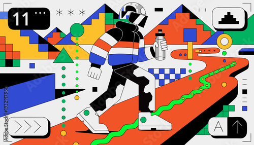 A person running through an abstract, geometric urban landscape, holding a water bottle, with digital interface elements indicating fitness tracking and technological integration in exercise.