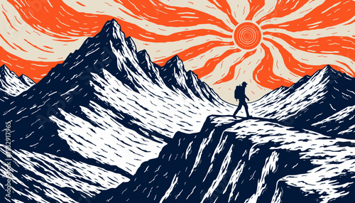 A solitary hiker with a backpack stands triumphantly on a rugged mountain peak under a vibrant, stylized sun, symbolizing adventure, exploration, and the achievement of goals.