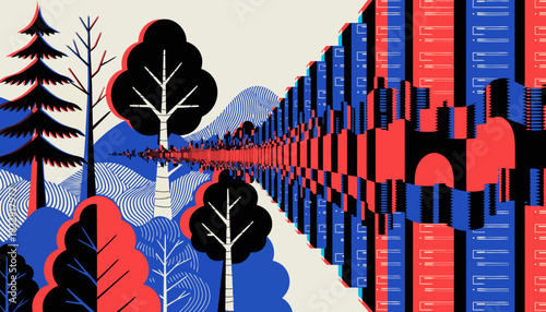 A striking conceptual illustration depicting a lush natural landscape with trees reflected in a vast, sprawling data center, symbolizing the environmental impact and digital future.