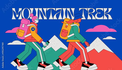 Two energetic people, a man and a woman, equipped with backpacks and hiking gear, embarking on a vibrant "Mountain Trek" adventure amidst stylized snowy peaks and a blue sky.