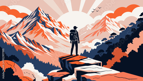 A solitary hiker stands triumphantly on a rugged mountain peak, gazing across a vast and dramatic landscape of towering mountains and forests illuminated by the warm glow of a rising or setting sun.