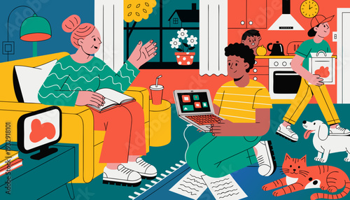 A bustling family home environment shows individuals engaged in various activities, including studying, relaxing, and doing chores, alongside their beloved pets.