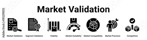 Market Validation web banner icon vector illustration concept for business with icon of Market Validation, Segment Validation, Viability, Market Suitability, Market Compatibility, Market Precision,.